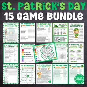 Könnte beinhalten: Ein druckbares St. Patrick's Day-Spielpaket mit 15 verschiedenen Spielen. Die Spiele beinhalten Trivia, Bingo, Wortsuche, Richtig oder Falsch und mehr. Alle Spiele sind zum Thema St. Patrick's Day und zeigen grüne Kleeblätter, Kobolde und andere irische Symbole.