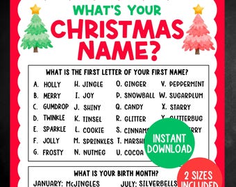 May include: A festive Christmas-themed printable game with a red and white border. The text "What's Your Christmas Name?" is displayed above a list of names and letters. Includes a green circle with "Instant Download" and a red circle with "2 Sizes Included".