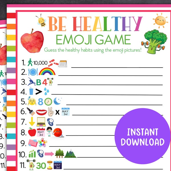 Be Healthy Emoji Game, Fun Way to Learn Healthy Habits, Printable Emoji Game, Emoji Game for Kids, Adults, Classrooms and Office Wellness