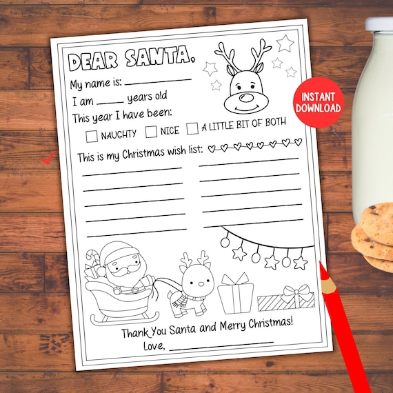 Letter to Santa Coloring Page, Printable Dear Santa Letter, Kids Christmas Wish List, Christmas Coloring Page