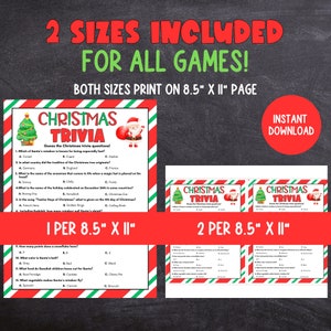 May include: Two printable Christmas trivia game cards with red, green, and white stripes. The cards are 8.5 inches by 11 inches and feature a cartoon Santa Claus and a Christmas tree. The text on the cards reads "Christmas Trivia" and includes trivia questions about Christmas traditions.