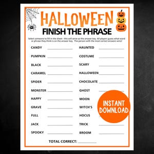 Halloween Game, Printable Halloween Finish the Phrase Game, Halloween Party Game, Halloween Activity for Kids and Adults