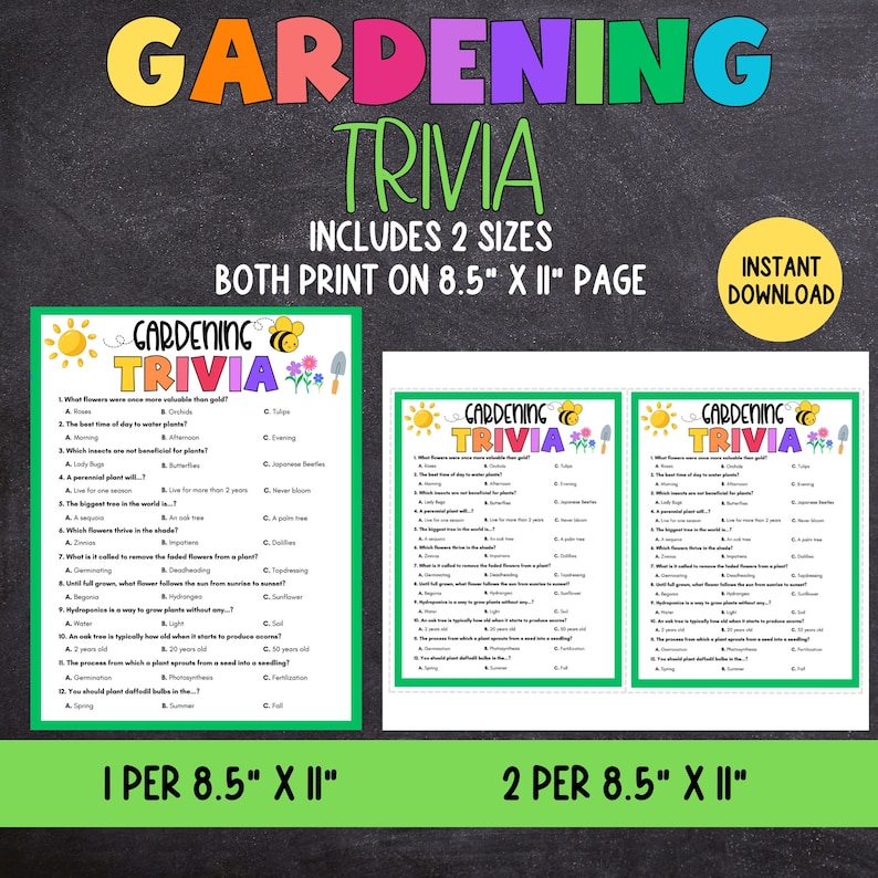 Gardening Trivia Game, Printable Spring Activity for Adults and Kids