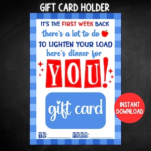 Printable Back To School Gift Card Holder, Meet the Teacher Gift, First Day of School Gift, Dinner Gift Card First Week of School