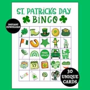 Bingo del Día de San Patricio, Bingo imprimible del Día de San Patricio, Bingo del Día de San Patricio para niños, adultos y aulas.