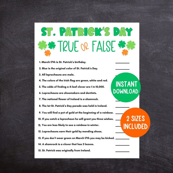 St. Patrick's Day True Or False Game, St. Patrick's Day Printable Game, True or False Game, St. Patrick's Day Fun for Kids and Adults