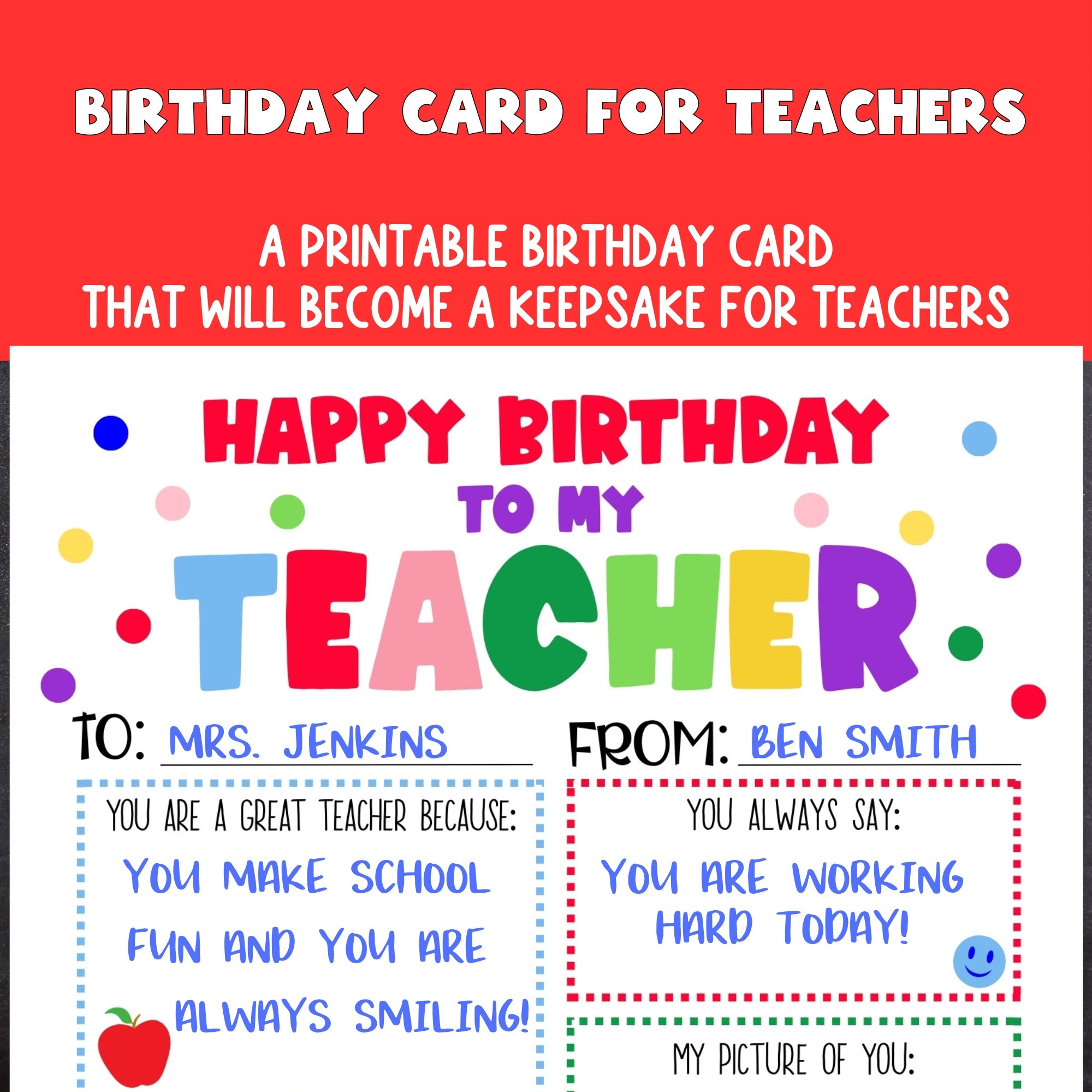 Teacher Birthday Card, Printable Kids Birthday Card for Teachers