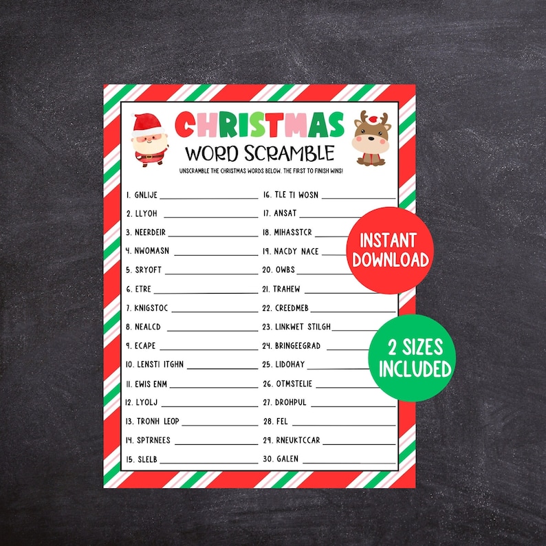 Christmas Word Scramble, Printable Holiday Game, Christmas Party Game ...