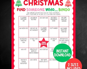 Puede incluir: Una tarjeta de juego de Bingo navideño roja y blanca con un diseño festivo. La tarjeta presenta una cuadrícula de enunciados como "Lleva algo rojo" y "Tiene el pelo rizado". Incluye el texto "Descarga instantánea" y "2 tamaños incluidos".