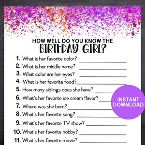 How Well Do You Know The Birthday Girl, Birthday Game for Girls, Birthday Trivia Game, Birthday Party Game