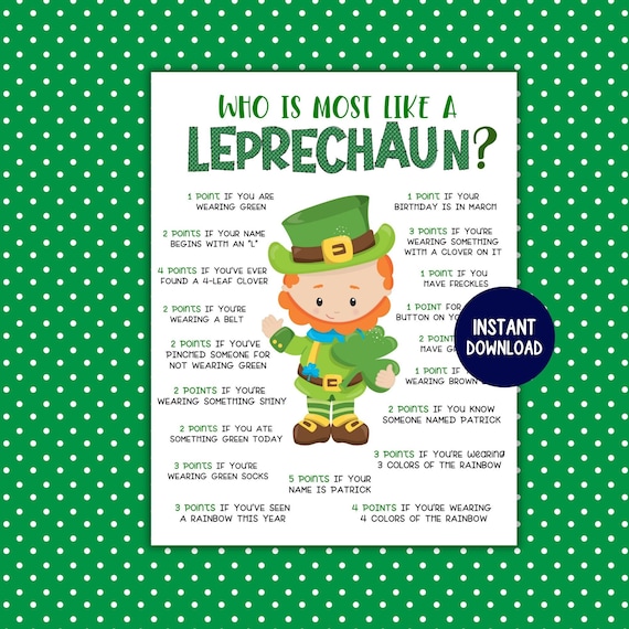 Who Is Most Like A Leprechaun,  St. Patrick's Day Printable Game, Leprechaun Game, St. Patricks Day Fun for Kids and Adults and Classrooms