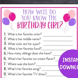 Birthday Girl Trivia Game, Kid Birthday Party Game, Birthday Questionnaire Activity, Birthday Quiz Game, Teen Printable Birthday Game