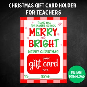 Teacher Christmas Gift Card Holder, Printable Christmas Teacher Card for Preschool Teacher, Christmas Gift Card Holder for Elementary School