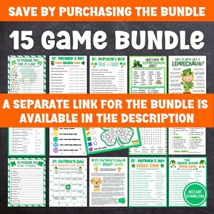 Puede incluir: Un paquete de juegos imprimibles del D&iacute;a de San Patricio con 15 juegos diferentes. Los juegos incluyen b&uacute;squedas de palabras, verdadero o falso, bingo de encontrar a alguien que, y m&aacute;s. Los juegos son todos verdes y dorados y tienen un divertido tema del D&iacute;a de San Patricio.