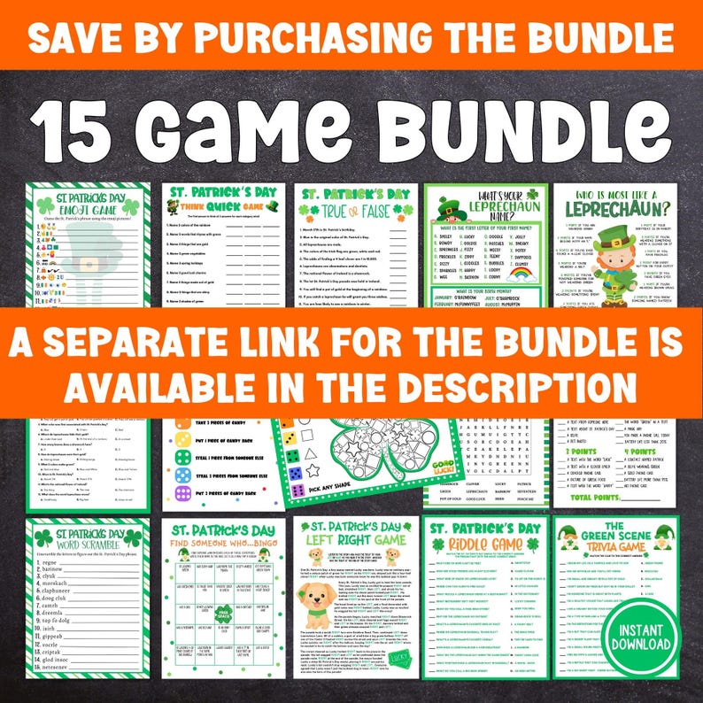 Puede incluir: Un paquete de juegos imprimibles del D&iacute;a de San Patricio con 15 juegos diferentes. Los juegos incluyen b&uacute;squedas de palabras, verdadero o falso, bingo de encontrar a alguien que, y m&aacute;s. Los juegos son todos verdes y dorados y tienen un divertido tema del D&iacute;a de San Patricio.