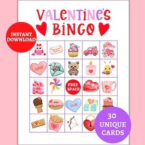 Valentine&#39;s Bingo, Valentine&#39;s Game for Kids, Valentine&#39;s Party Game, Printable Valentine&#39;s Day Bingo, Valentine&#39;s Classroom Bingo Game