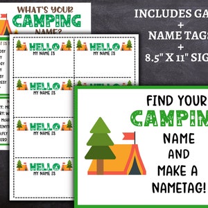 Camping Game, What's Your Camping Name Game WITH Name Tags & Sign, Camping Icebreaker, Camping Game for Kids and Adults, Camping Activity image 2