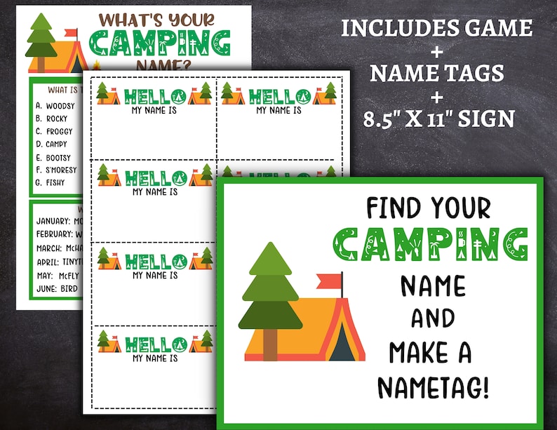 Camping Game, What's Your Camping Name Game WITH Name Tags & Sign, Camping Icebreaker, Camping Game for Kids and Adults, Camping Activity image 2