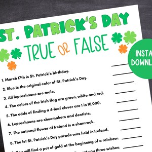 Puede incluir: Un juego de preguntas de verdadero o falso para el D&iacute;a de San Patricio, con 9 preguntas. Las preguntas son sobre las tradiciones y el folclore del D&iacute;a de San Patricio. El juego est&aacute; dise&ntilde;ado para descargarse instant&aacute;neamente.