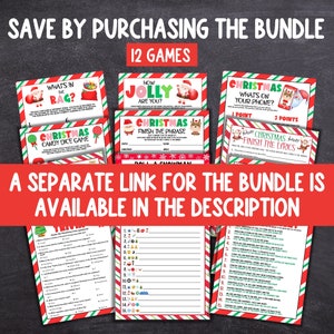 May include: A set of 12 printable Christmas games with a red, green, and white color scheme. The games include "What's in the Bag?", "How Jolly Are You?", "Christmas Candy Dice Game", "Christmas Finish the Phrase", "Christmas What's on Your Phone?", "Christmas Finish the Lyrics", and "Christmas Trivia".