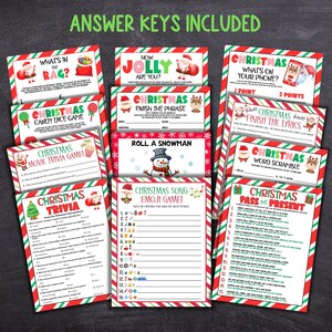 May include: A set of printable Christmas party games with red and green striped borders. The games include "What's in the Bag?", "How Jolly Are You?", "Christmas Candy Dice Game", "Christmas Movie Trivia Game", "Christmas Trivia", "Christmas Finish the Phrase", "Roll a Snowman", "Christmas Song Emoji Game", "Christmas What's on Your Phone?", "Christmas Finish the Lyrics", "Christmas Word Scramble", and "Christmas Pass the Present".