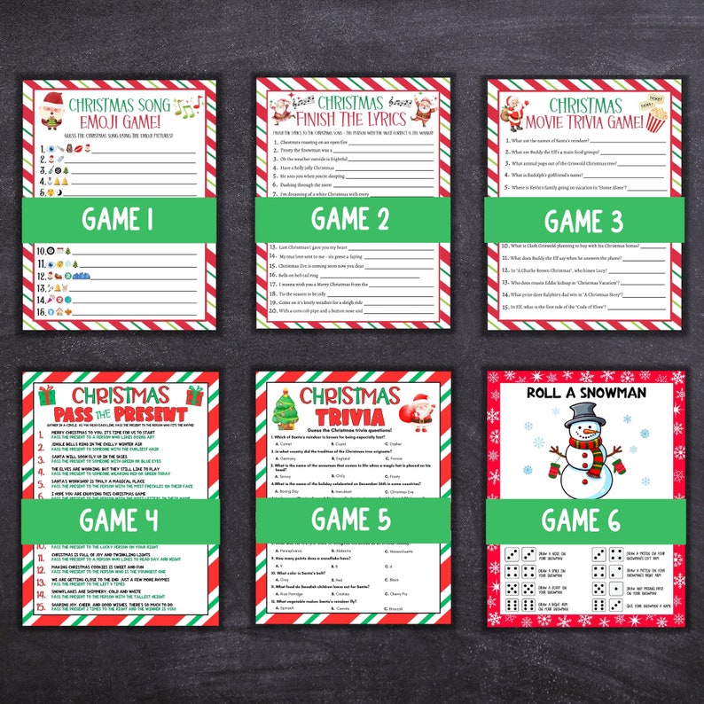 May include: Six printable Christmas game cards with red and green striped borders. The games include Christmas song emoji, Christmas lyrics, Christmas movie trivia, Christmas pass the present, Christmas trivia, and roll a snowman.