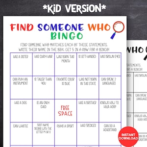 Kid Version Find Someone Who Bingo, Kid Icebreaker Game, Classroom Find Someone Who Game, Get To Know You Game, Work Game, Teen Game