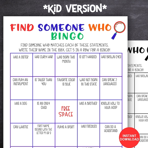 Kid Version Find Someone Who Bingo, Kid Icebreaker Game, Classroom Find Someone Who Game, Get To Know You Game, Work Game, Teen Game