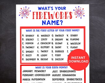 4th of July Game, Printable Fireworks Name Game WITH Name Tags and Sign, Fourth of July Party Game, 4th of July Name Generator