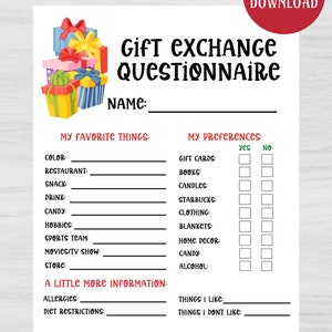 Gift Exchange Questionnaire, Christmas Secret Santa Form, Holiday Gift Exchange, Secret Santa Wish List, PRINTABLE image 3
