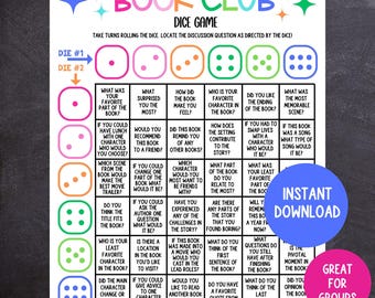 Book Club Dice Game, Printable Reading Group Discussion Questions, Easy Book Review Game for Kids and Adults, Book Party Game