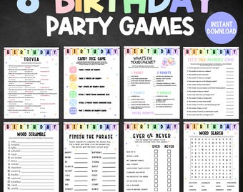 Birthday Party Games, Printable Pastel Birthday Game Bundle, Birthday Games for Kids and Adults, Birthday Trivia, Slumber Party Games