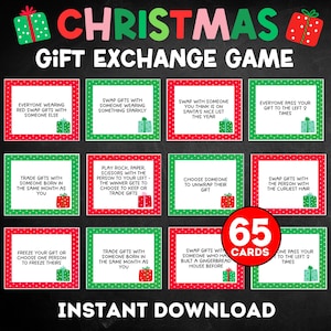 May include: A Christmas Gift Exchange Game with 65 cards. The game cards have a red and green border with various instructions like "Swap Gifts" and "Trade Gifts". The words "Christmas Gift Exchange Game" are at the top.
