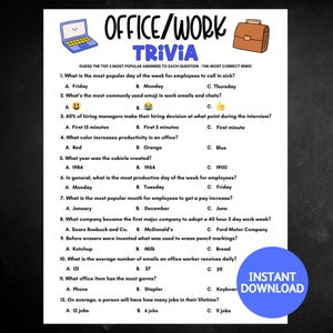 Puede incluir: Una hoja blanca con "OFFICE/WORK TRIVIA" en texto azul y amarillo, con una ilustración de portátil y maletín. Las preguntas cubren temas de oficina, con un botón de "DESCARGA INSTANTÁNEA".