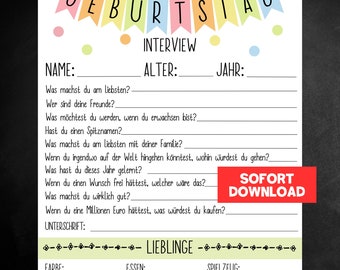 Interview zum Kindergeburtstag, Druckbarer Geburtstagsfragebogen, Formular zum Kindergeburtstag, Jährliches Geburtstagsinterview