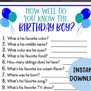 Printable Birthday Game for Boy Birthday, Birthday Trivia Game, How Well Do You Know the Birthday Boy, Birthday Party Game