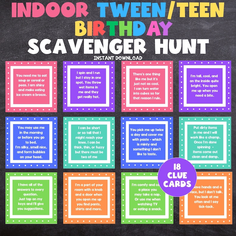 Birthday Scavenger Hunt for Tweens and Teens, Indoor Birthday Treasure Hunt for Older Kids, Printable Birthday Game, Indoor Scavenger Hunt image 1