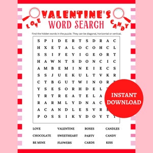 Valentine&#39;s Word Search Game, Fun Valentine&#39;s Printable Game, Valentine&#39;s Party Game, Valentine&#39;s Classroom Activity