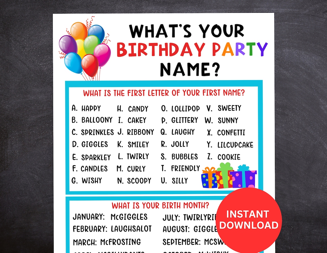 What's Your Birthday Party Name Game WITH Name Tags & Sign, Birthday