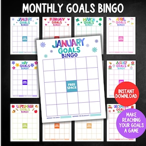 May include: A set of bingo cards designed for tracking monthly goals. Each card is themed for a different month, with illustrations of hearts, shamrocks, and flowers. The cards include the text "Free Space" and "Instant Download."