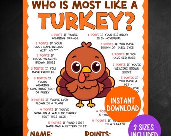 Thanksgiving Game, Printable Thanksgiving Party Game, Who Is Most Like A Turkey, Family Thanksgiving Day Game, Classroom Thanksgiving Game