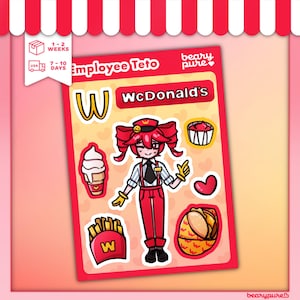 Mesmerizing Employee Teto Sticker Sheet | Mesmerizer, McDonald&#39;s, Hatsune Miku, Kasane Teto, Vocaloid, Utauloid