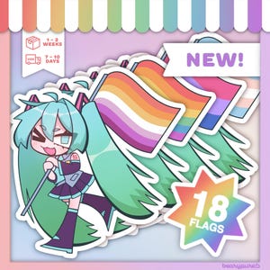 May include: A sticker set featuring a cartoon character with long teal hair holding a flag, with multiple layered pride flags behind the character. A white banner at the top reads NEW! and a star-shaped graphic at the bottom reads 18 FLAGS.