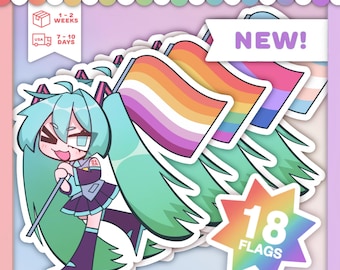 May include: A sticker set featuring a cartoon character with long teal hair holding a flag, with multiple layered pride flags behind the character. A white banner at the top reads NEW! and a star-shaped graphic at the bottom reads 18 FLAGS.