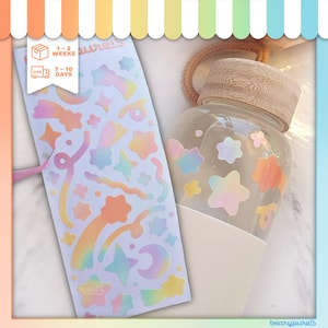 Hoja de pegatinas decorativas holográficas de estrellas de colores / Estrellas, confeti, garabatos, brillo, arcoíris / Decoración, Scrapbooking, Lindo