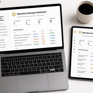 May include: A laptop and tablet display the "Operations Manager Dashboard" interface, with data visualizations and text. A notebook, pen, and coffee cup are also on the white desk. The laptop screen shows a 30-60-90 Day Plan.