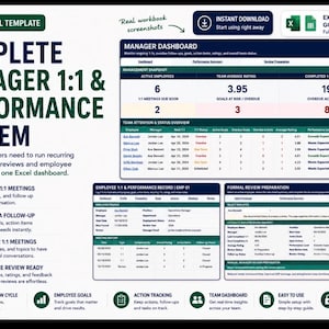 May include: A digital Excel template for manager 1:1 and performance tracking. The layout features a manager dashboard, employee records, and review preparation tools. Text includes Complete Manager 1:1 & Performance System, Manager Dashboard, and Employee 1:1 & Performance Record. It is compatible with Excel and Google Sheets.