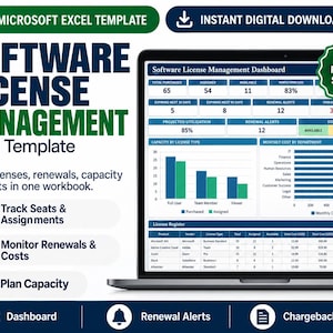 Könnte beinhalten: Eine Microsoft Excel-Vorlage für die Verwaltung von Softwarelizenzen auf einem Laptop-Bildschirm. Das Dashboard enthält Datentabellen, Balkendiagramme und Kennzahlen zur Nachverfolgung von Lizenzen, Zuweisungen, Verlängerungen und Kosten.