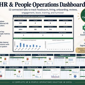 May include: An HR and People Operations dashboard Excel template featuring 12 connected tabs for tracking headcount, hiring, onboarding, reviews, engagement, leave, training, and turnover. The layout includes data tables, bar charts, and line graphs.