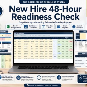 Può includere: Un sistema digitale di preparazione HR visualizzato su uno schermo di un portatile, che include un foglio di calcolo per la verifica dei nuovi assunti, una dashboard, liste di controllo dettagliate, un piano giornaliero e modelli di email.